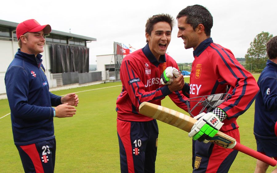 Ben Stevens congratulates Peter Gough after Jersey's nine-wicket win