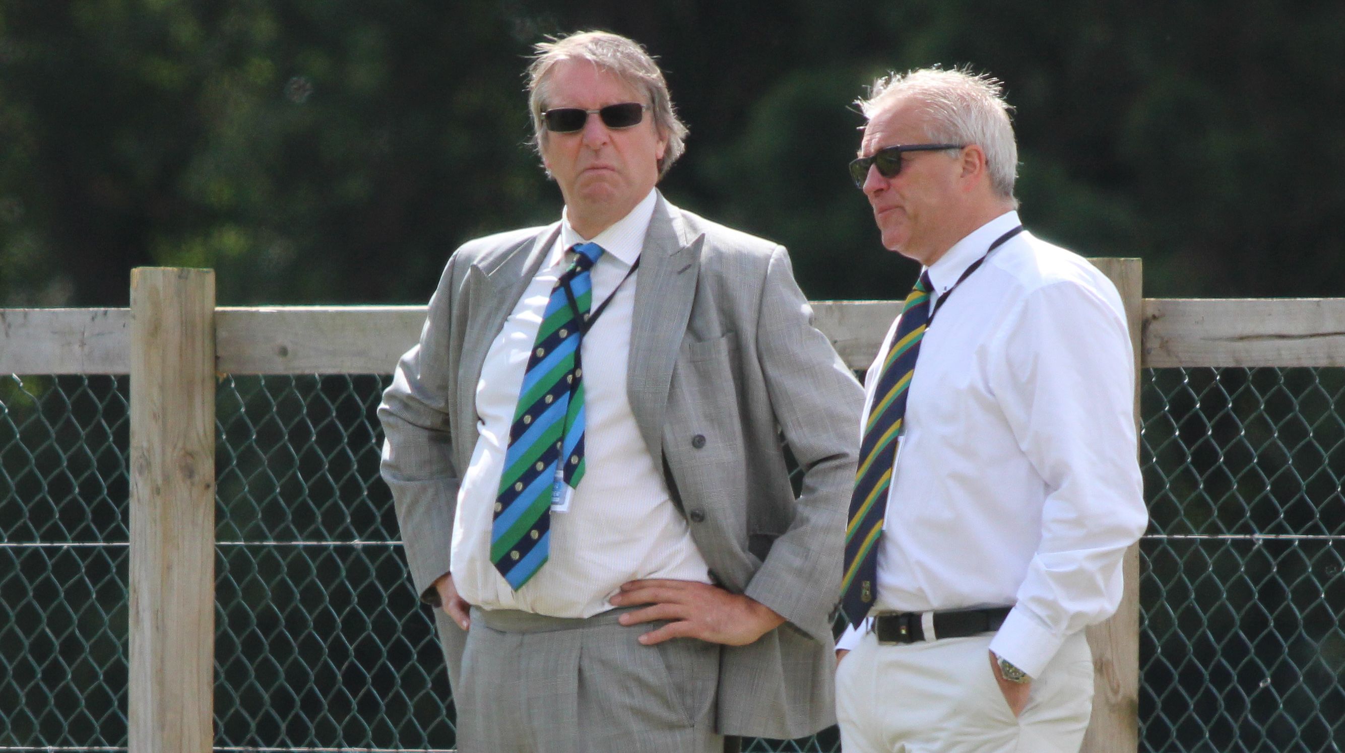 Giles Clarke speaks with Cricket Ireland chairman Ross McCollum during the first semi-final