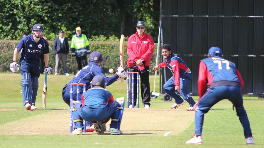 Basant Regmi bowls to Preston Mommsen