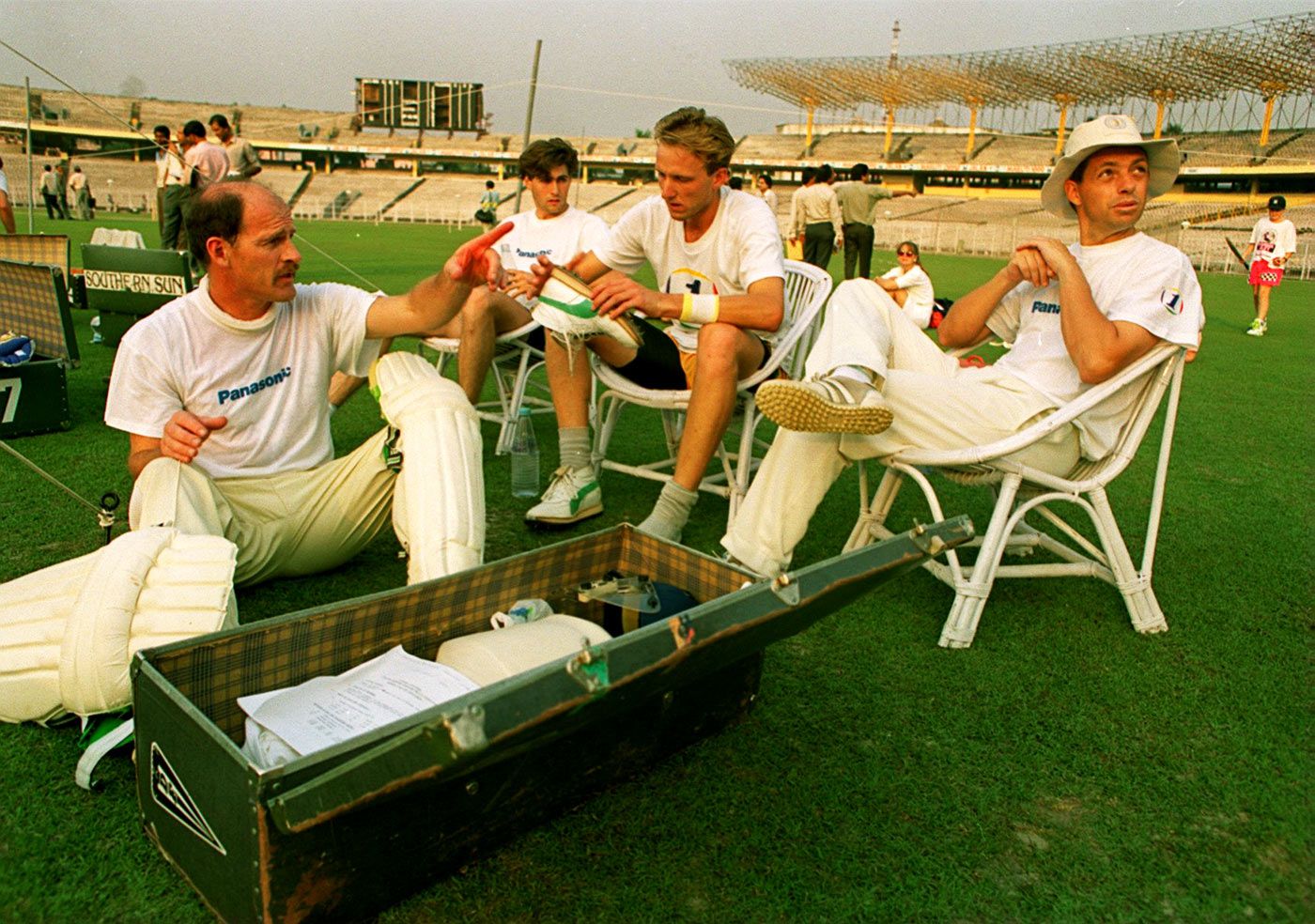 South African captain Clive Rice sits with Richard Snell, Allan Donald and David Richardson