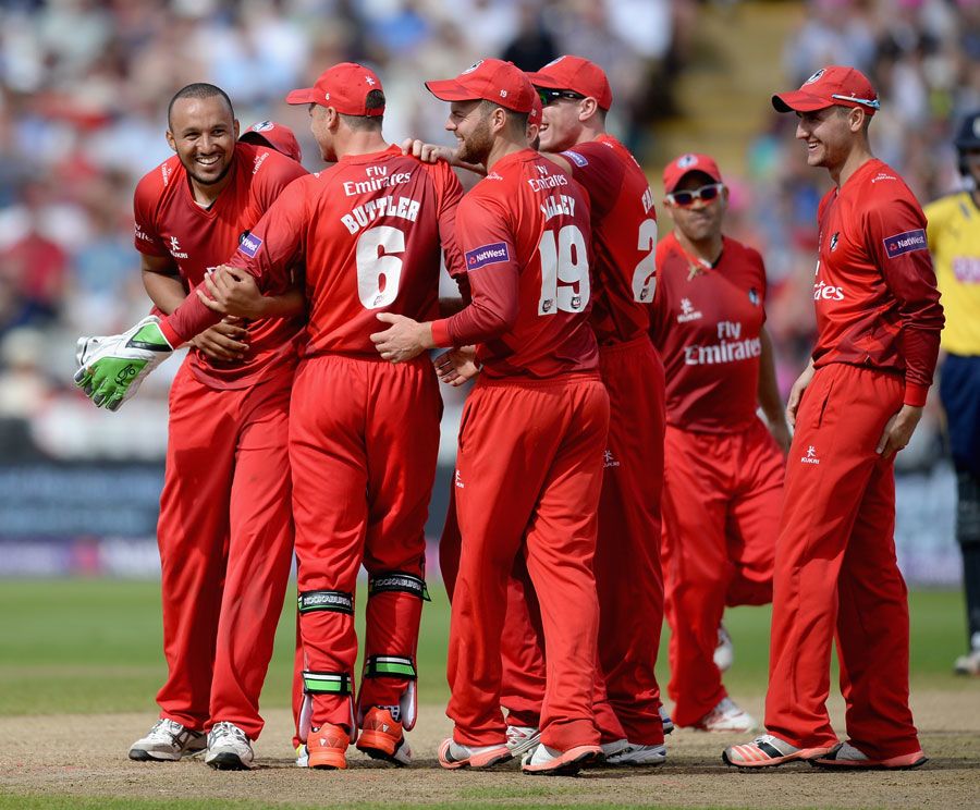 Lancashire's George Edwards celebrates an early wicket against Hampshire