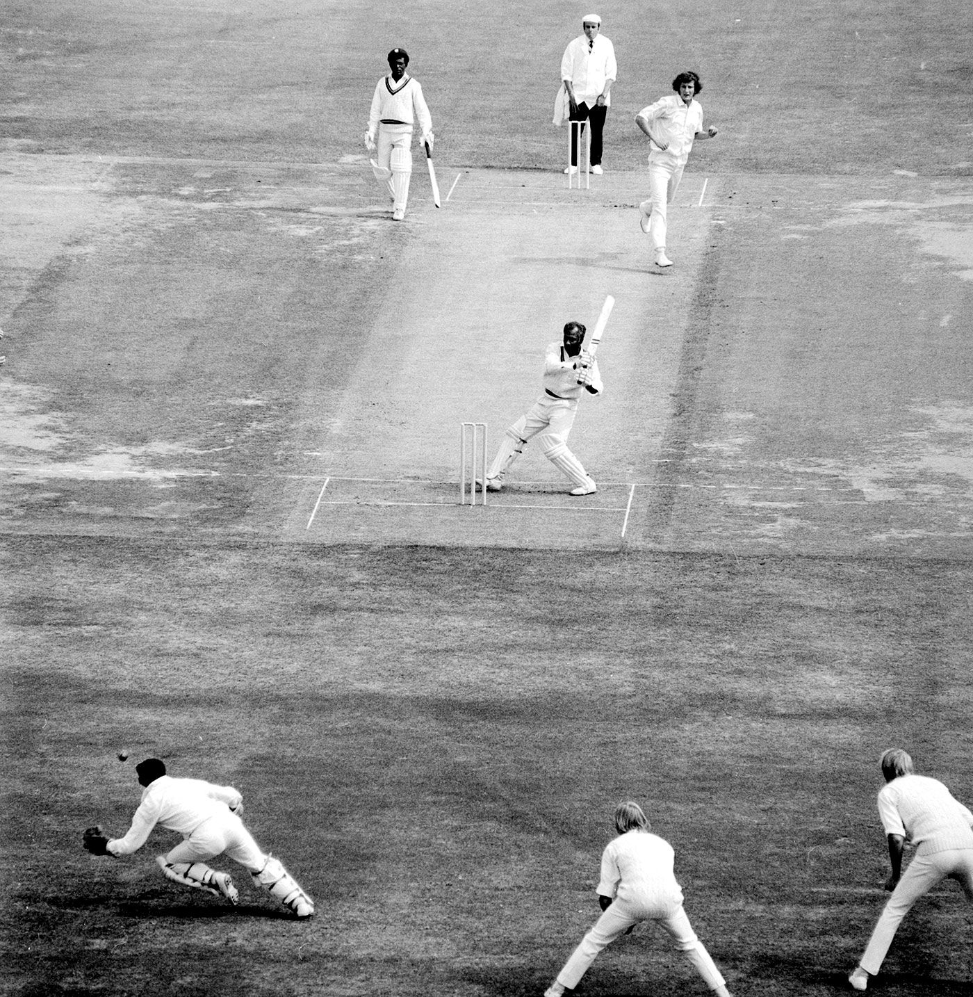 Rohan Kanhai swings at and misses a ball from Bob Willis