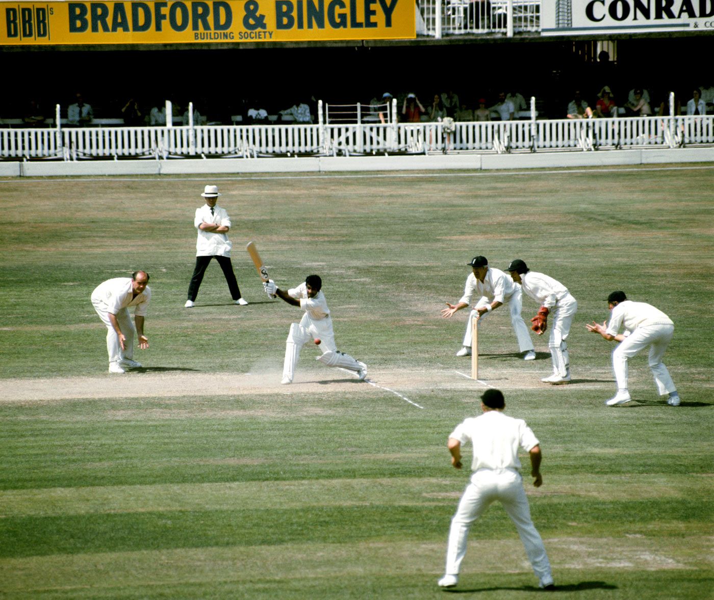 Alvin Kallicharran drives as Brian Close at short leg looks on