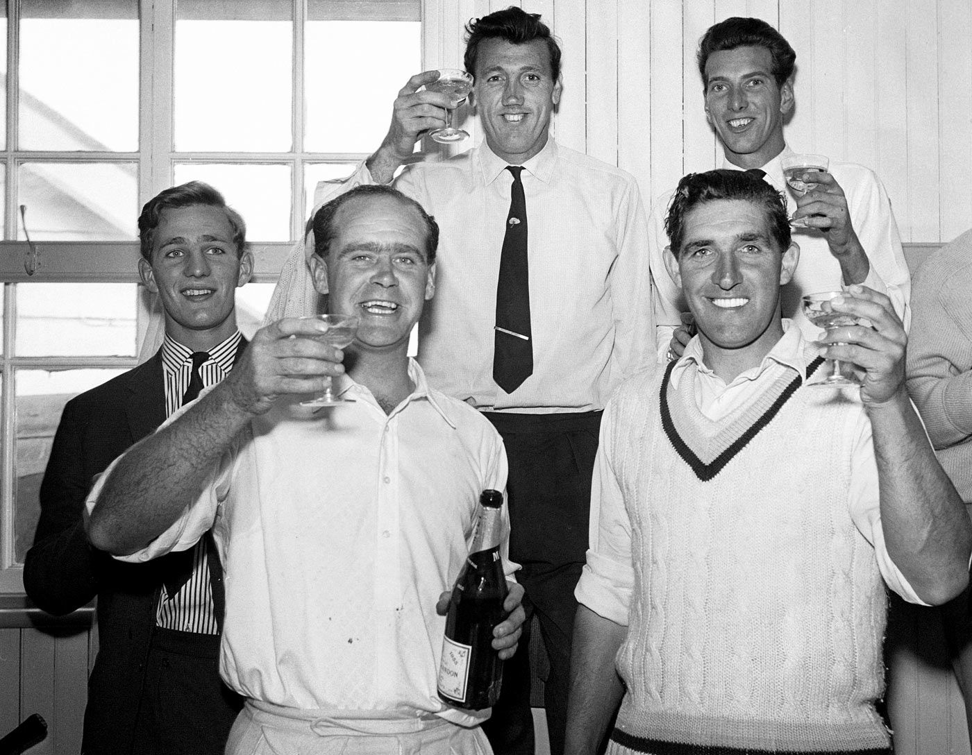 Brian Close, Vic Wilson, Melville Ryan and Don Wilson celebrate the victory over Glamorgan