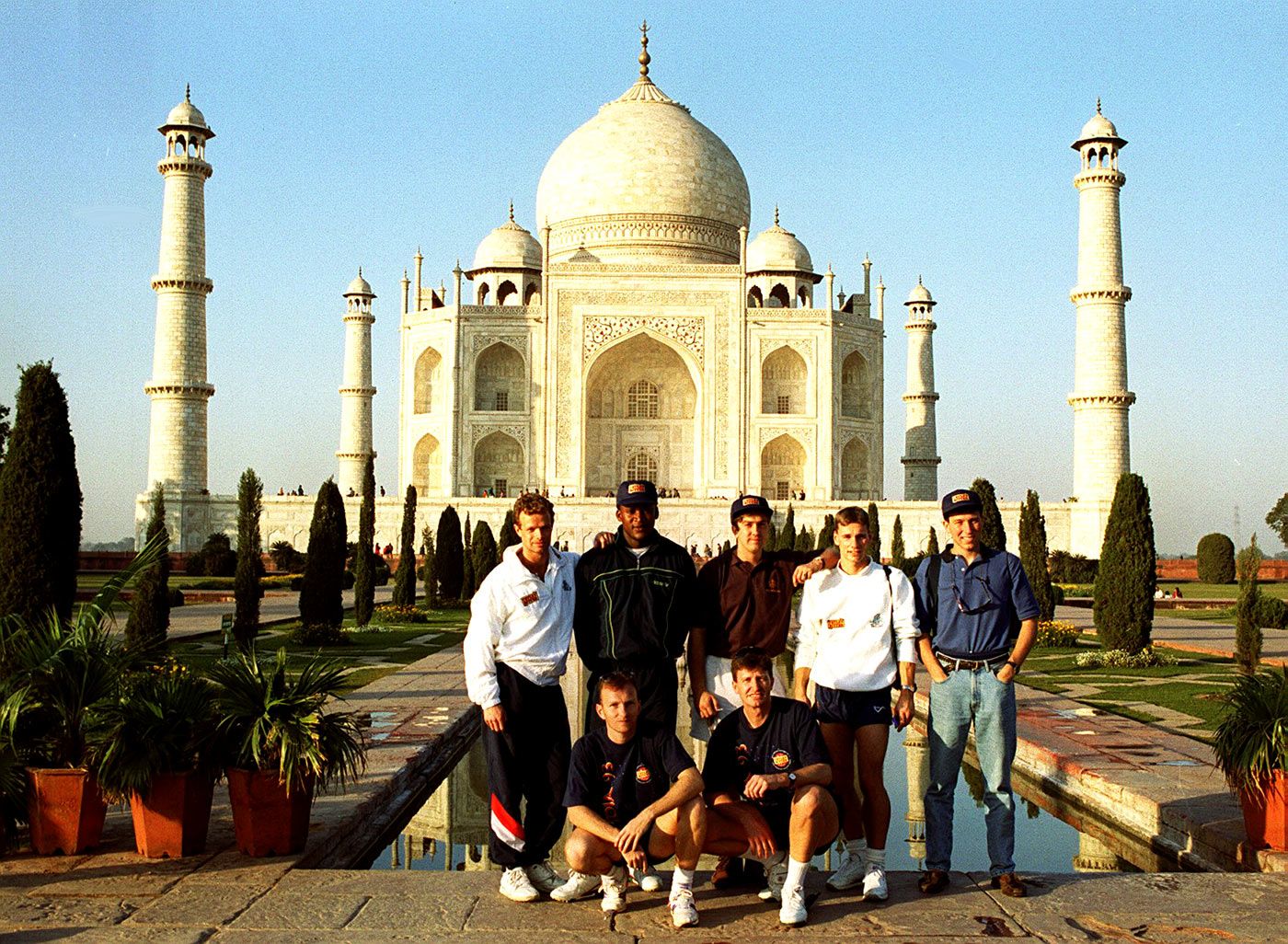 England cricketers pose in front of the Taj Mahal