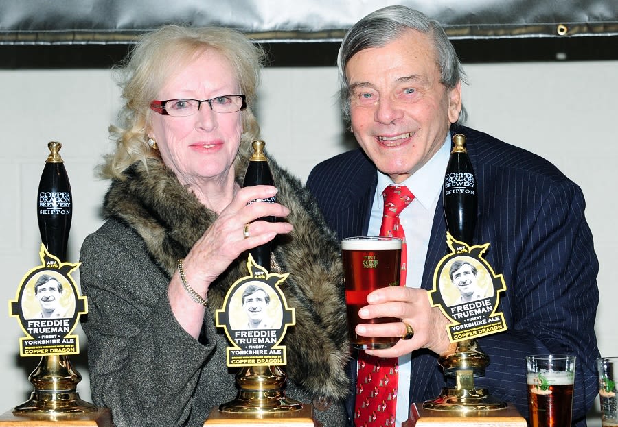 Veronica Trueman and Dickie Bird during the launch of the Copper Dragon's Trueman Ale