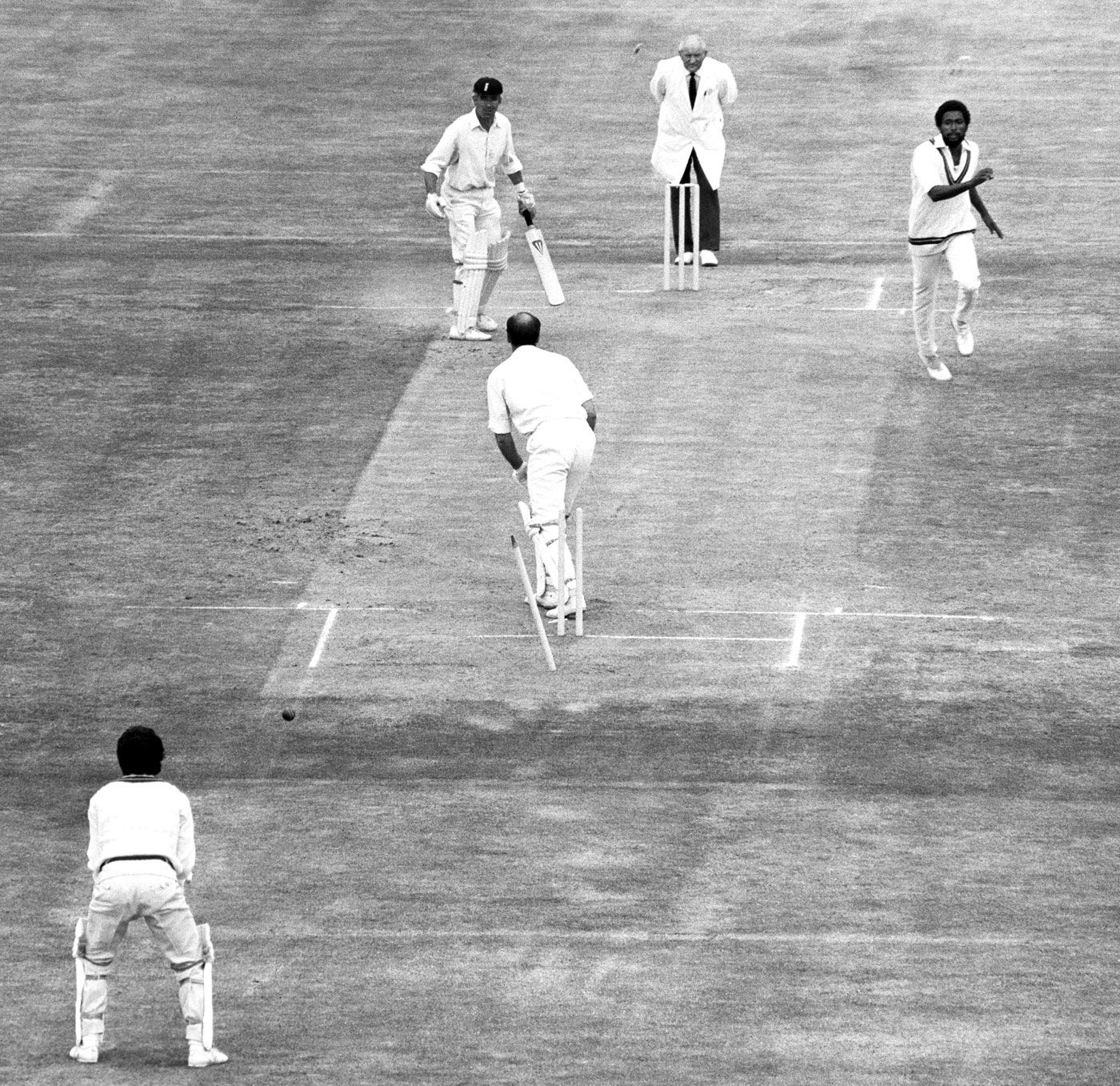 Brian Close is bowled by Andy Roberts