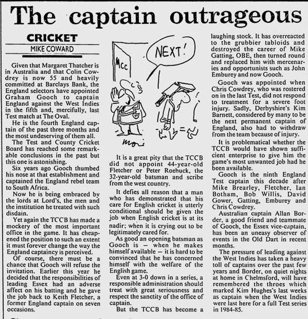 A news story about the number of captains used by England in the 1988 season