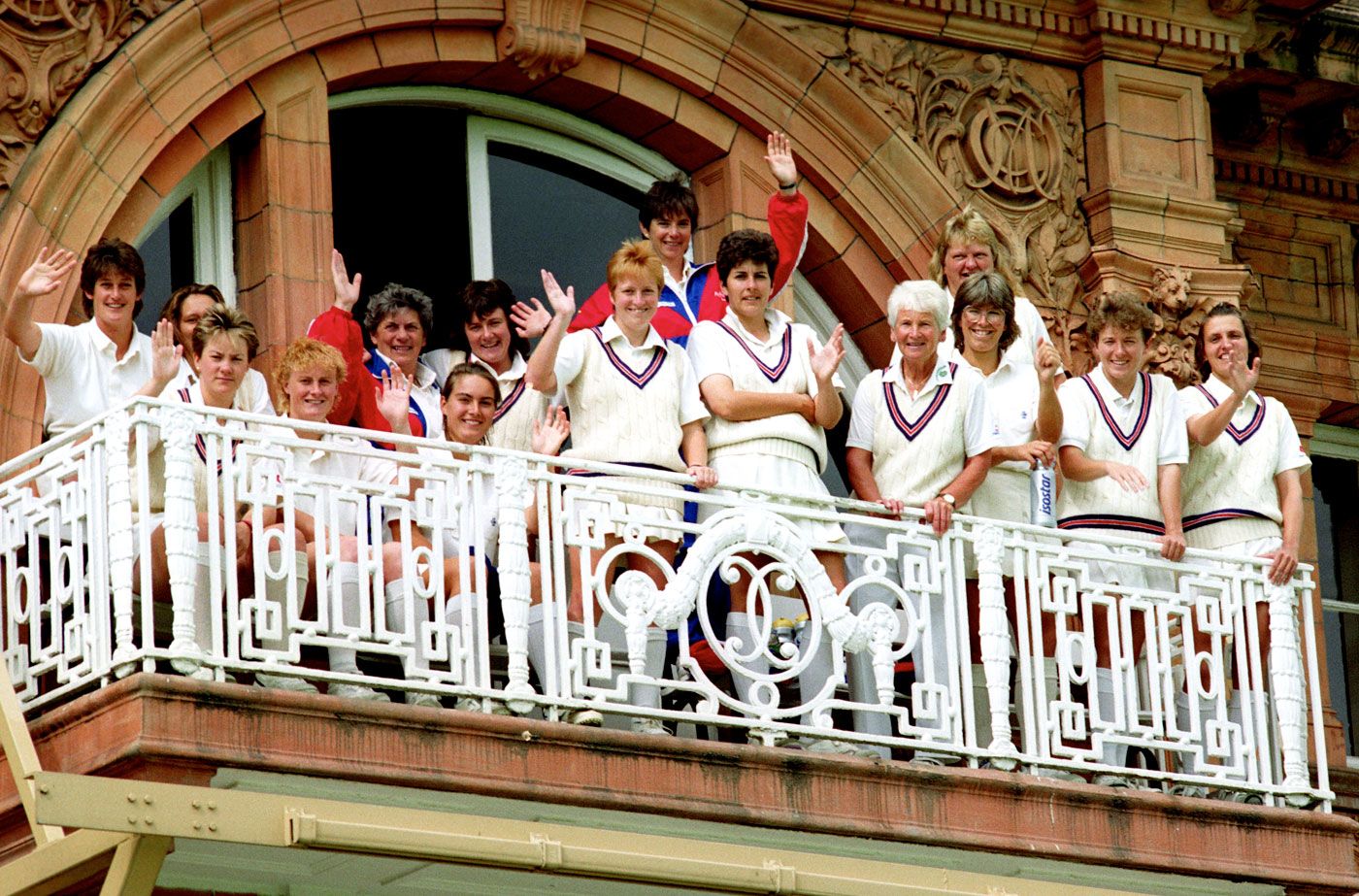 The England with coach Ruth Prideaux team pose on the Lord's balcony