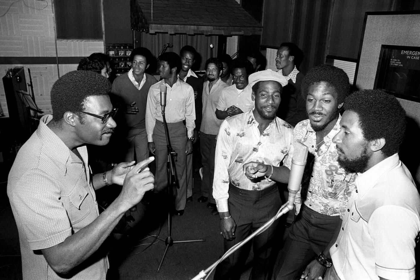 Members of the West Indian team record a song in a studio in 1976