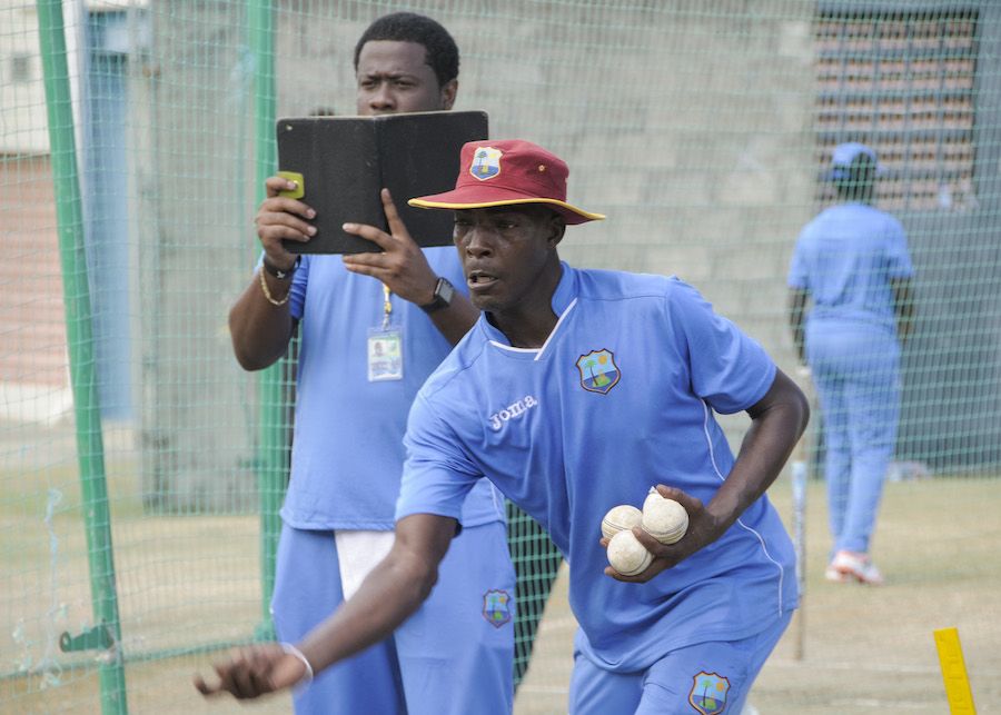 West Indies Women coach Vasbert Drakes gives throwdowns in the nets