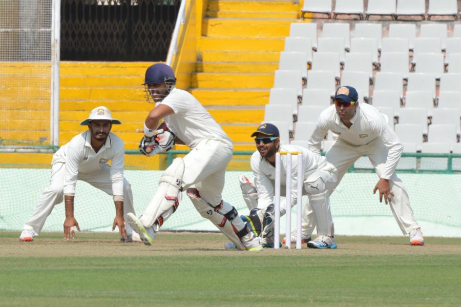 Samit Gohel prepares to play off the front foot