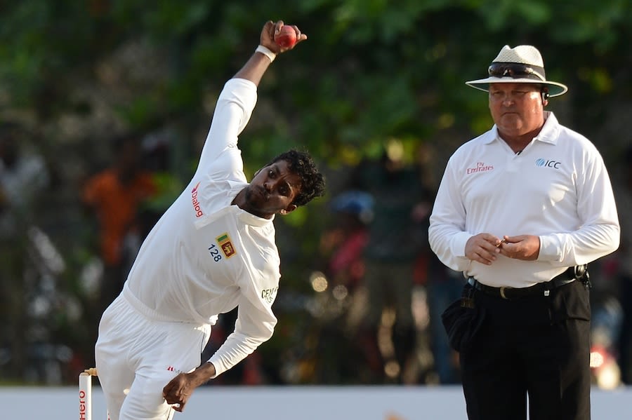 Tharindu Kaushal in his delivery stride