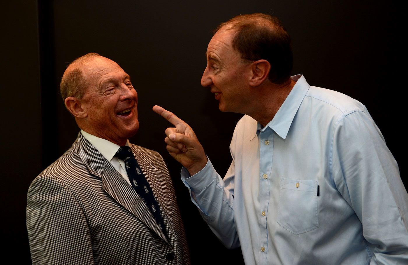 BBC Test Match Special commentators Geoffery Boycott and Jonathan Agnew pose for photographs at Eden Park