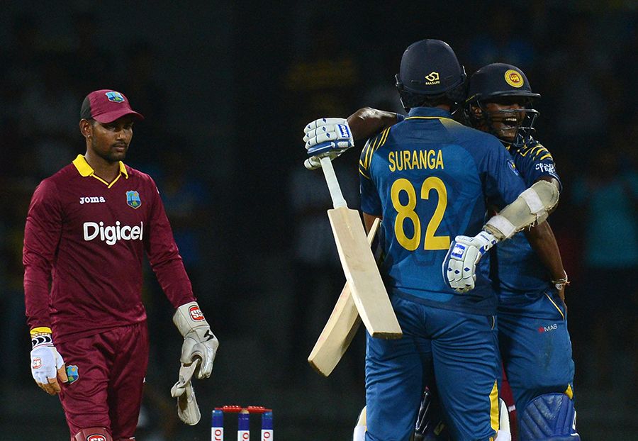 Ajantha Mendis is elated after hitting the winning runs for Sri Lanka