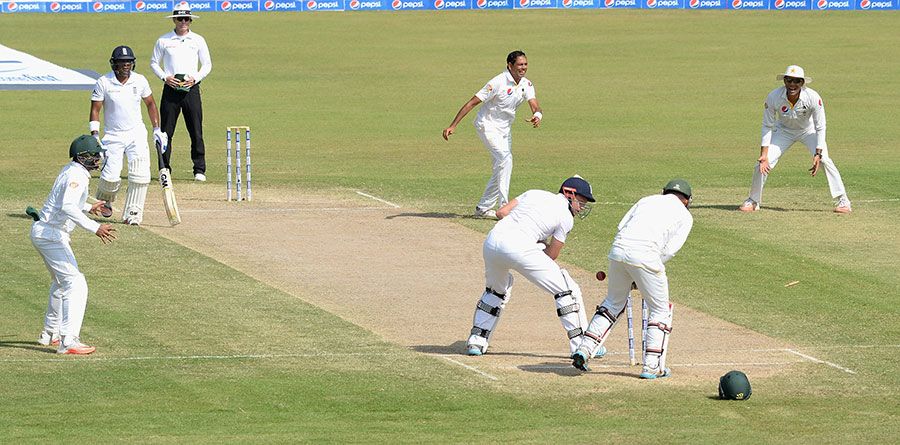 Zulfiqar Babar bowls Jonny Bairstow on the third morning