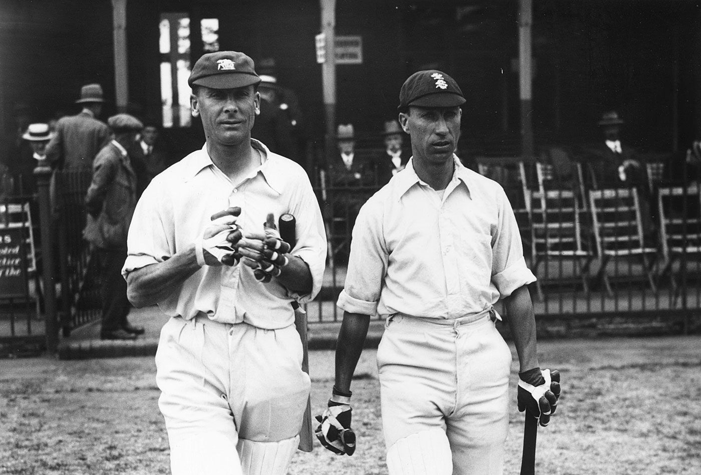 Jack Hobbs and Andy Sandham walk out to bat