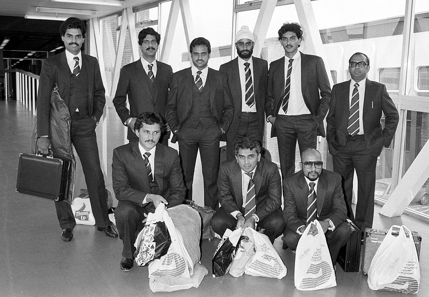 The Indian team arrives at Heathrow for the 1983 World Cup: (back L to R) Dilip Vengsarkar, Kris Srikkanth, Yashpal Sharma, Balwinder Sandhu, Ravi Shastri, manager Man Singh, (from L to R) Roger Binny, Sunil Gavaskar, Syed Kirmani