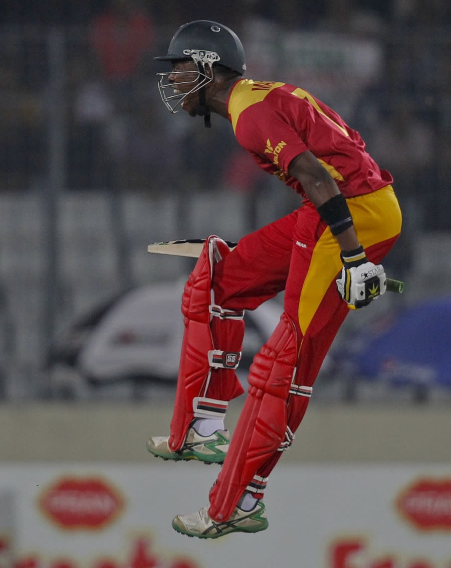 Neville Madziva leaps in joy after hitting the winning runs