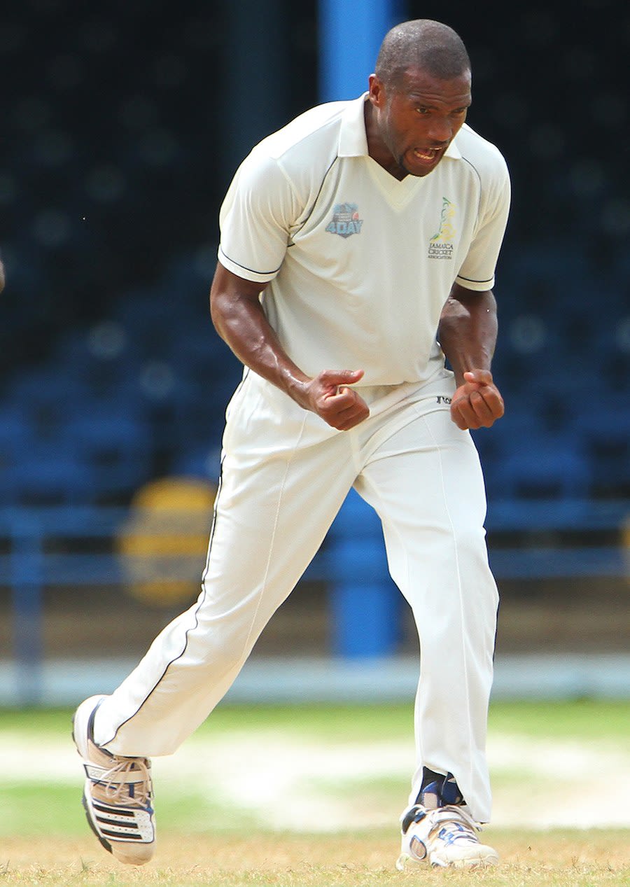 Dave Bernard celebrates the wicket of Narsingh Deonarine