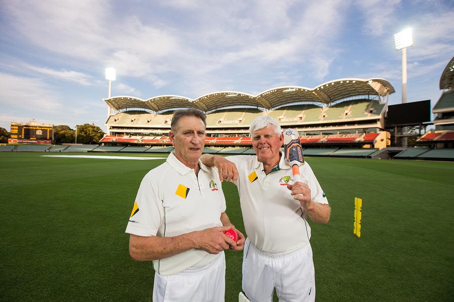 Len Pascoe and Barry Richards at a re-enactment of the first ball bowled under lights