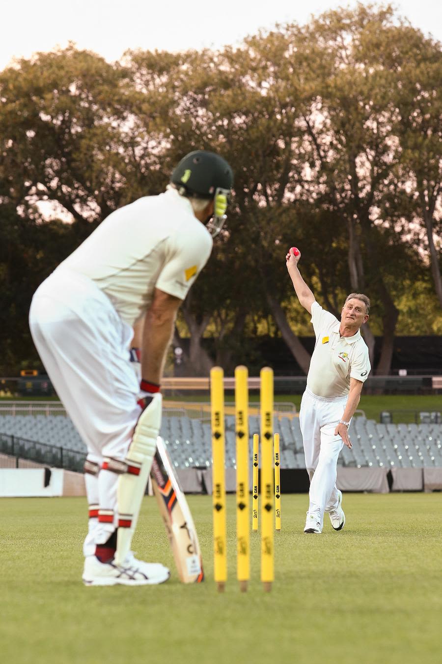 Len Pascoe and Barry Richards at a re-enactment of the first ball bowled under lights