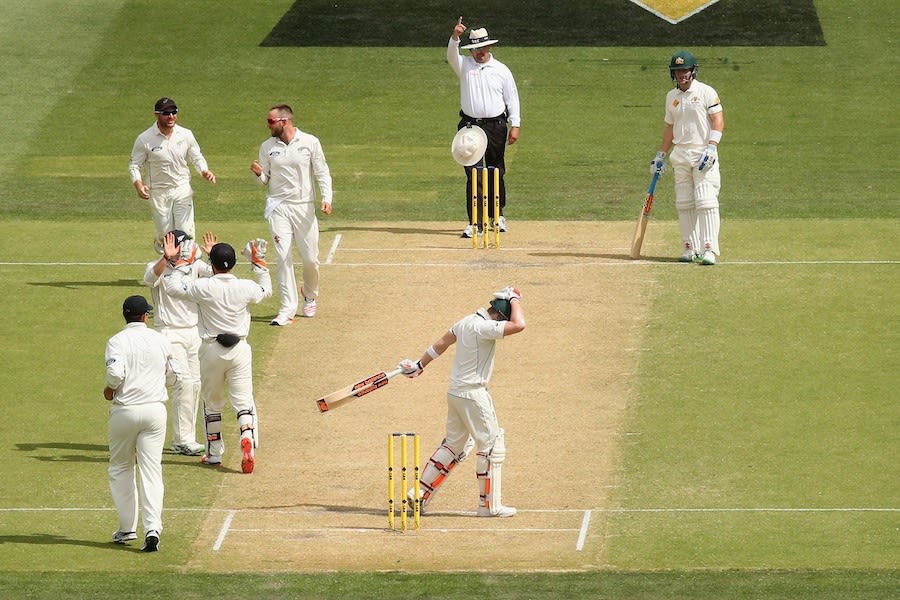Steven Smith reacts in disappointment after getting caught behind