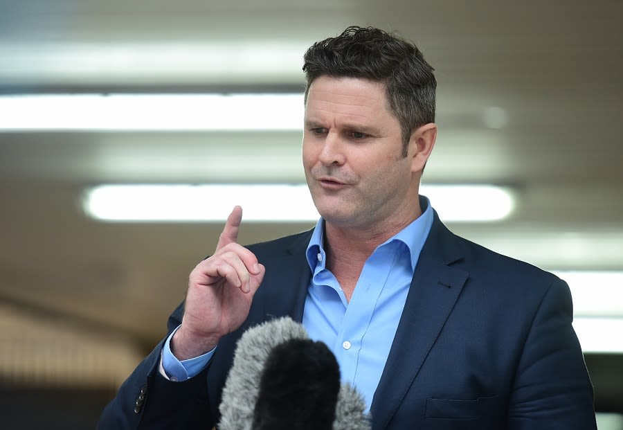 Chris Cairns speaks to reporters after the end of a nine-week trial in court