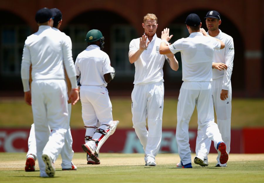 Ben Stokes claims the wicket of Somila Seyibokwe