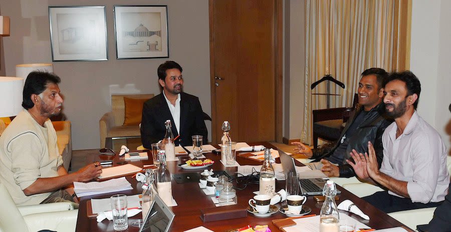 Sandeep Patil, Anurag Thakur, MS Dhoni and Vikram Rathour during the selection meeting