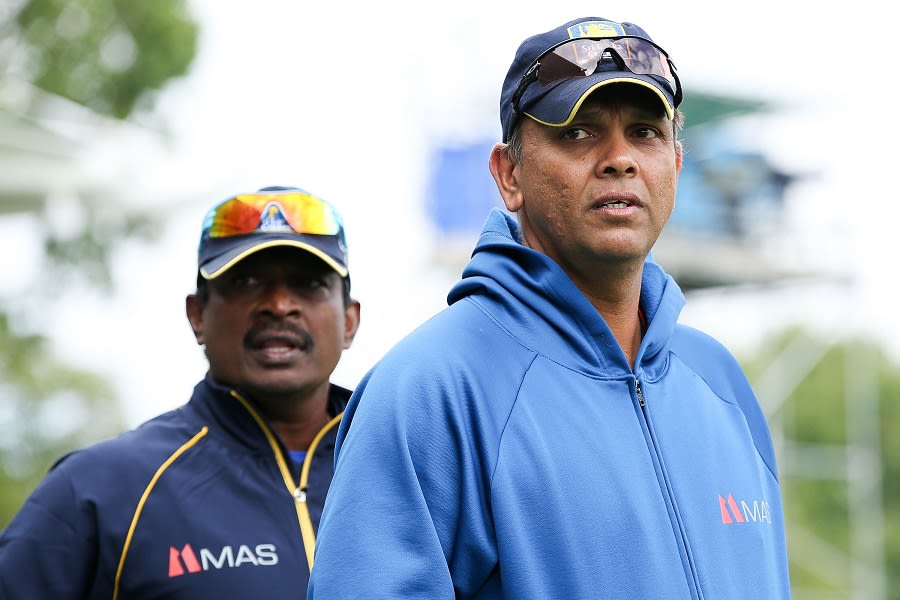 Sri Lanka's interim coach Jerome Jayaratne (R) at the ground