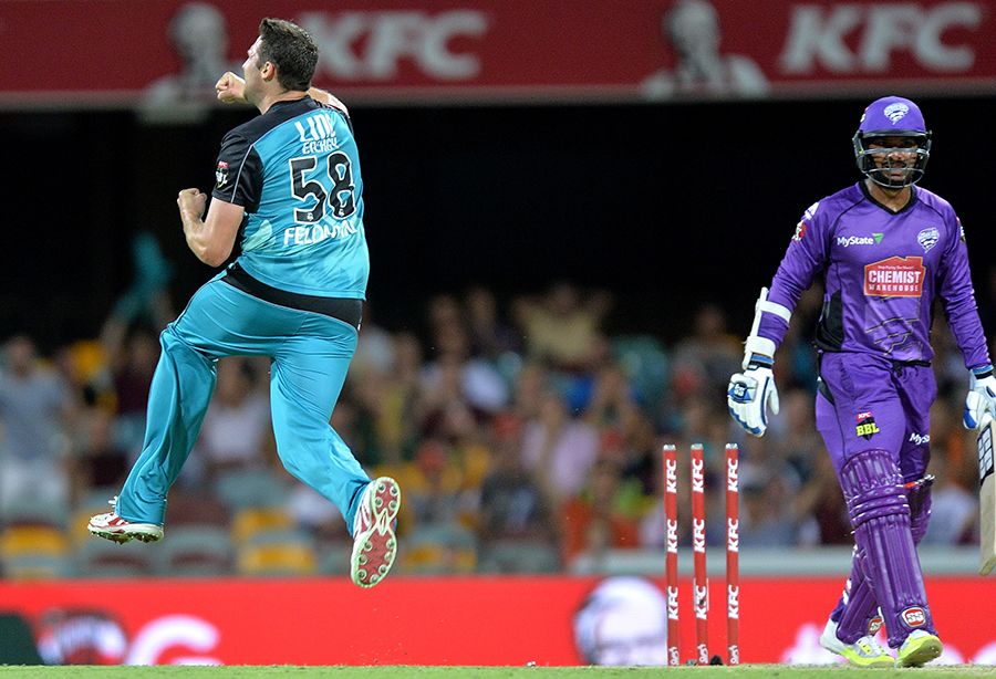 Luke Feldman is thrilled after dismissing Kumar Sangakkara for 32