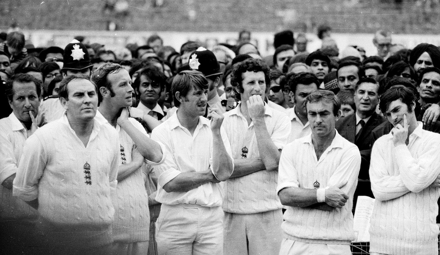 Basil D'Oliveira, Ray Illingworth, Derek Underwood, Brian Luckhurst, John Snow, John Edrich and Alan Knott look on after losing to India