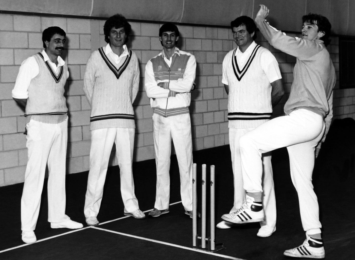 From left: Les Taylor, Bob Willis, Neil Foster, Bob Cottam and Greg Thomas practise at the Lilleshall Sports Centre, Newport, Shropshire
