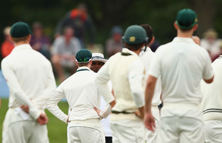 Steven Smith has a word with umpire Ranmore Martinesz