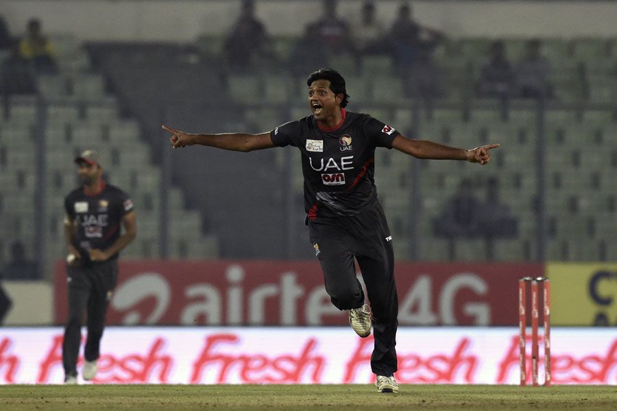 Amjad Javed wheels away in celebration