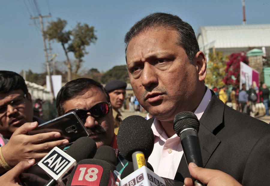 MV Sridhar talks to the media in Dharamsala during the World T20