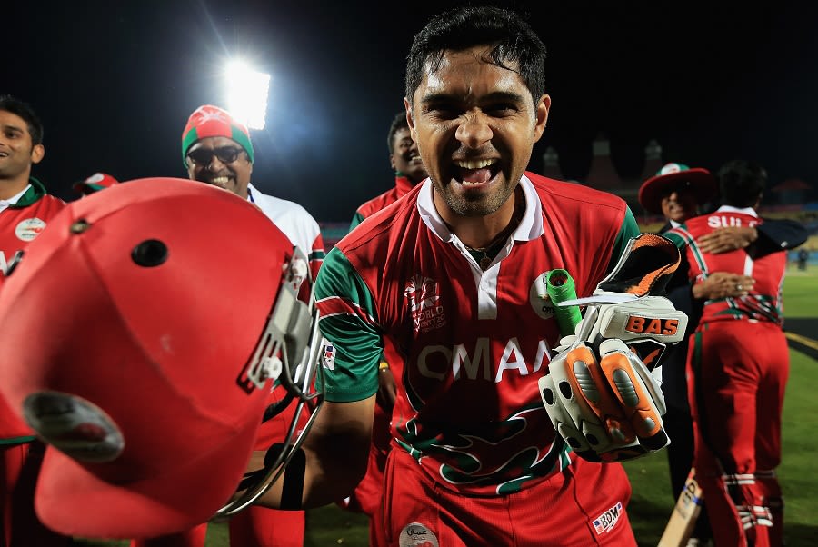 Ajay Lalcheta is ecstatic as he celebrates Oman's two-wicket win over Ireland