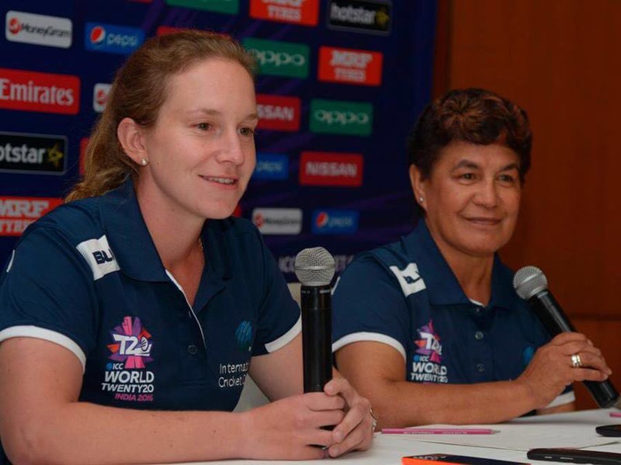 Umpires Claire Polosak and Kathy Cross speak to the media