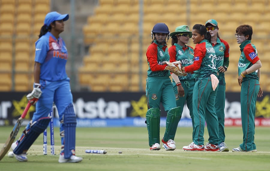 Bangladesh celebrate the wicket of Vellaswamy Vanitha