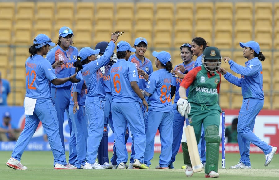 India get together to celebrate the wicket of Sanjida Islam
