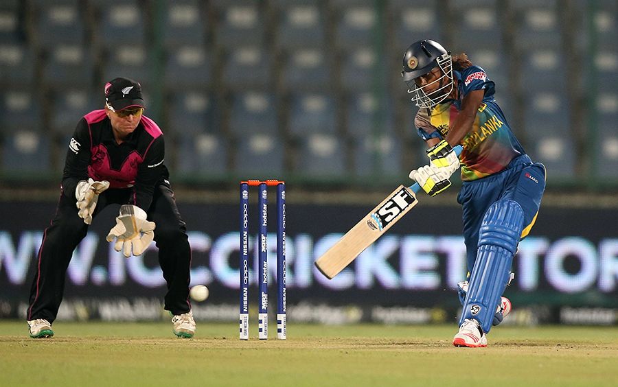 Yasoda Mendis drives the ball in her run-a-ball knock of 30