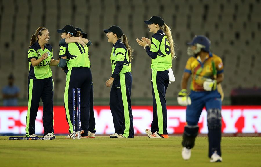 Ireland Women celebrate the run-out of Dilani Manodara