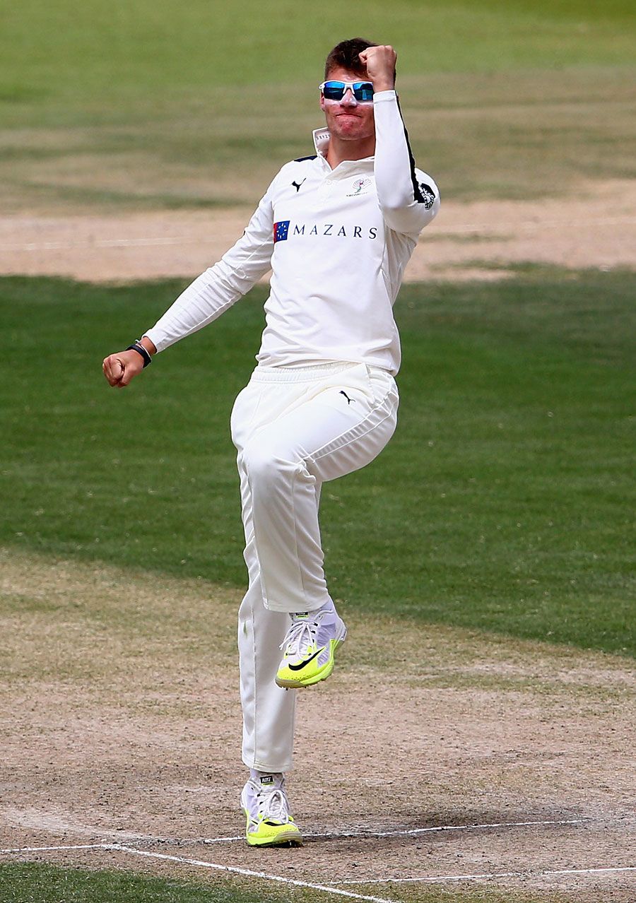 Karl Carver celebrates dismissing Ian Bell