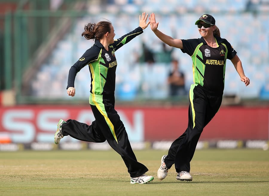 Erin Osborne and Meg Lanning celebrate after taking a wicket