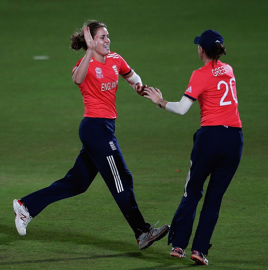 Lydia Greenway and Natalie Sciver celebrate a wicket