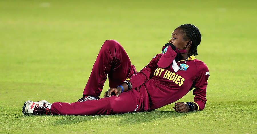 Shaquana Quintyne, who took 3 for 19, is overcome with emotion after West Indies' defeat