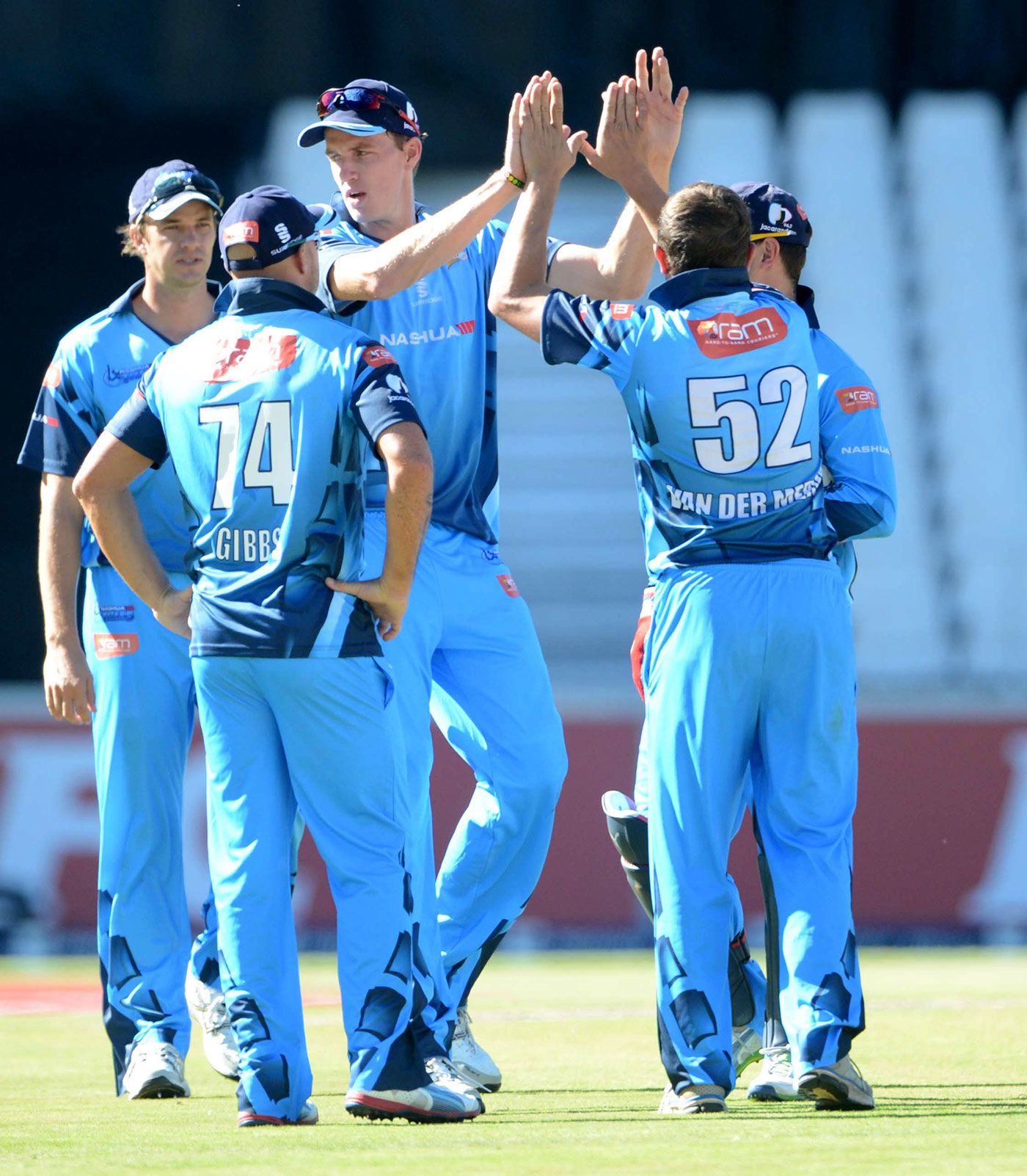 Morne Morkel and other Titans players celebrate a wicket