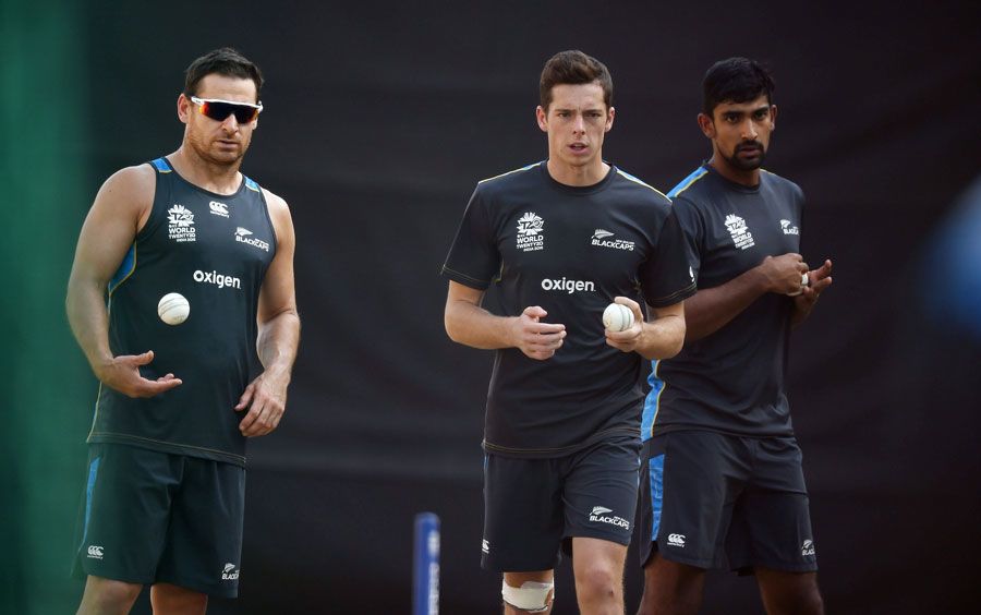 New Zealand's spin trio of Nathan McCullum, Mitchell Santner and Ish Sodhi prepare to bowl in the nets