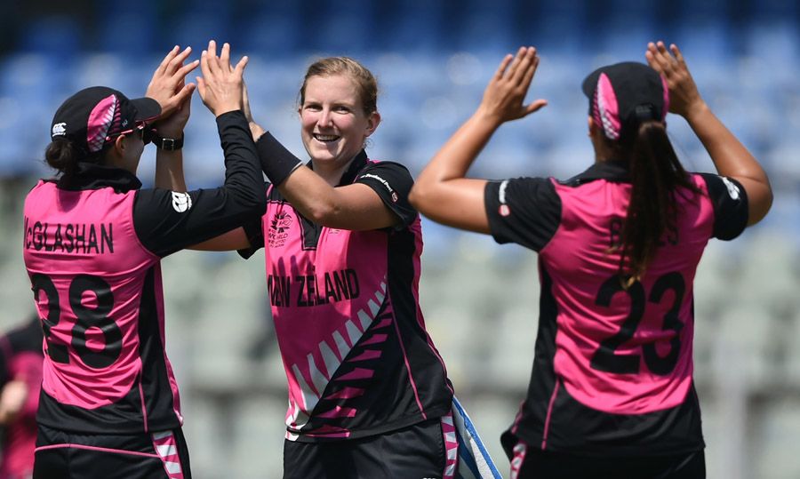 Morna Nielsen celebrates the wicket of Hayley Matthews